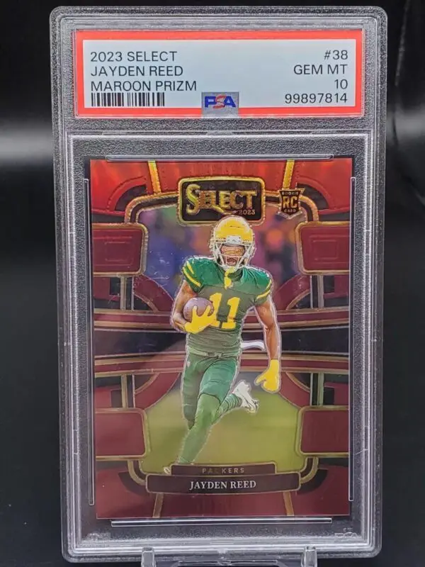 Jayden Reed 2023 Panini Select Maroon Prizm RC Green Bay Packers 38 PSA 10