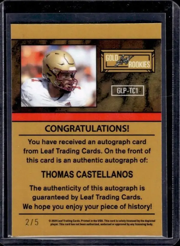Thomas Castellanos 2024 Leaf Metal Ice Auto /5 Boston College Eagles GLP-TC1 - Image 2
