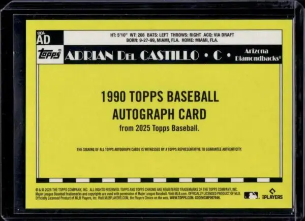 Adrian Del Castillo 2025 Topps 1990 Auto /299 Arizona Diamondbacks 90CA-AD - Image 2