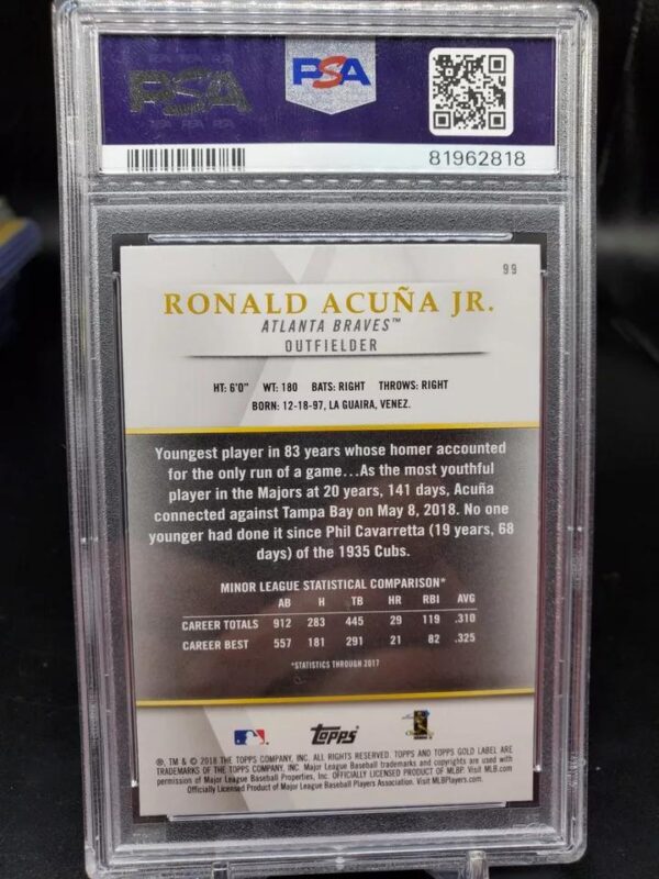 Ronald Acuna Jr 2018 Topps Gold Label Black Class 3 RC Atlanta Braves 99 PSA 10 - Image 2