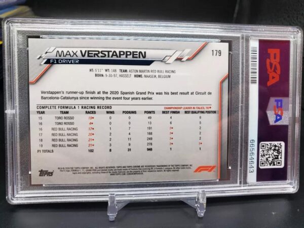 Max Verstappen 2020 Topps Chrome Formula 1 Gold 70th Red Bull 179 PSA 9 - Image 2