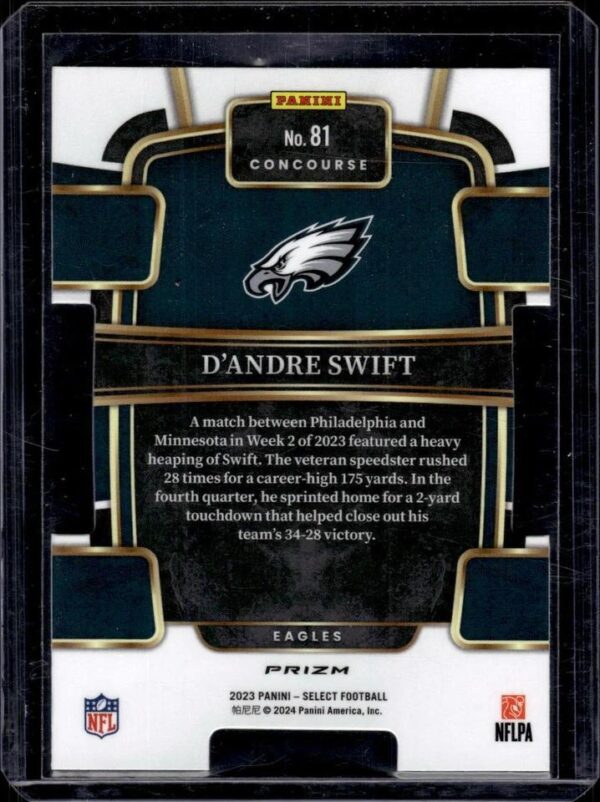 D'Andre Swift 2023 Panini Select Zebra Prizm Die Cut Philadelphia Eagles 81 - Image 2