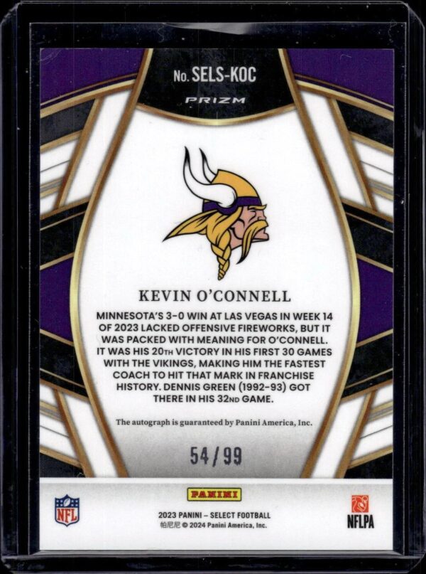 Kevin O'Connell 2023 Panini Select Blue Prizm Auto /99 Minnesota Vikings - Image 2