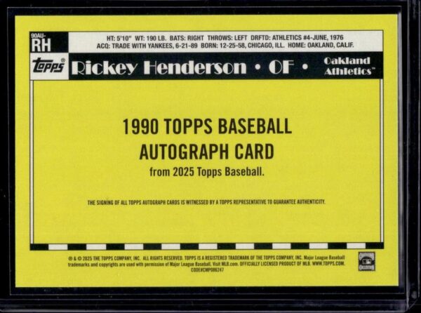 Rickey Henderson 2025 Topps Series 1 1990 Auto Oakland Athletics 90AU-RH - Image 2