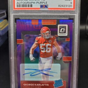 George Karlaftis 2022 Donruss Optic Purple Rated Rookie Auto /35 Kansas City Chiefs PSA 9