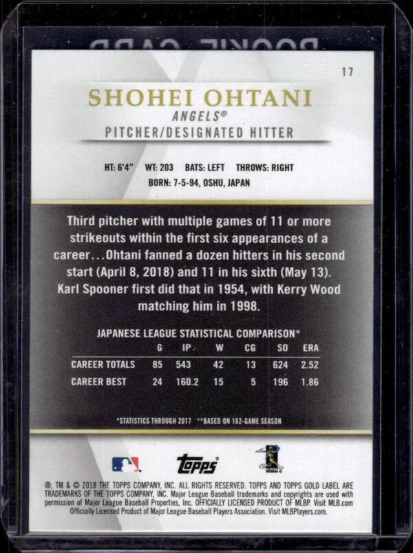 Shohei Ohtani 2018 Topps Gold Label Class 1 Rookie Los Angeles Angels 17 - Image 2