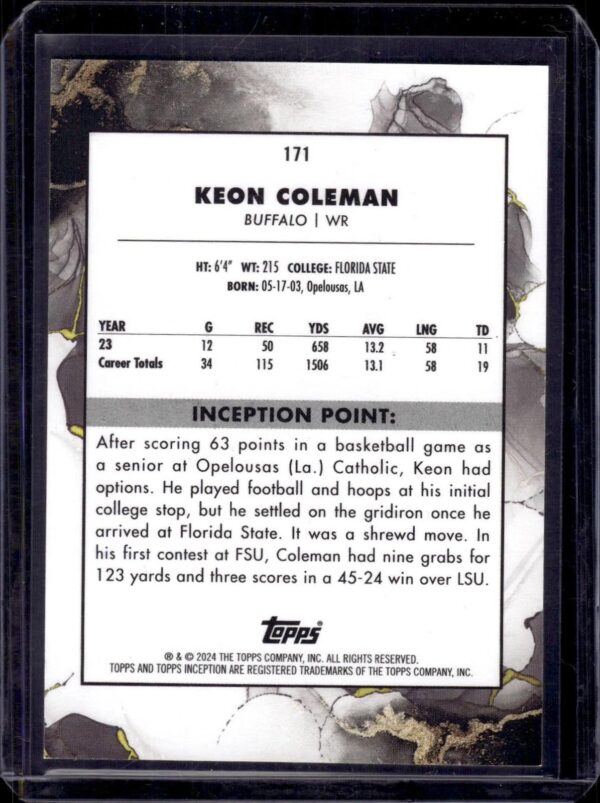 Keon Coleman 2024 Topps Inception Blue /10 Rookie Buffalo Bills 171 - Image 2
