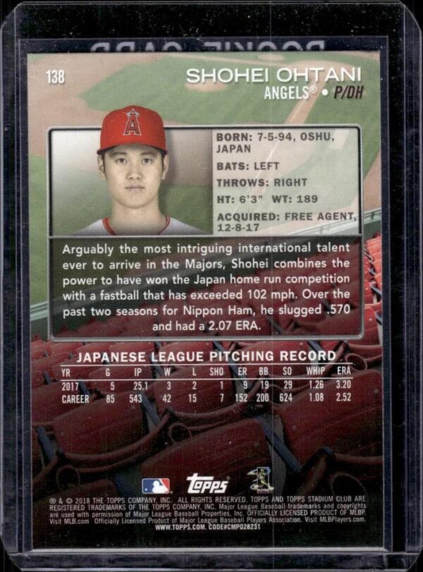Shohei Ohtani 2018 Stadium Club Rookie Los Angeles Angels 138 - Image 2