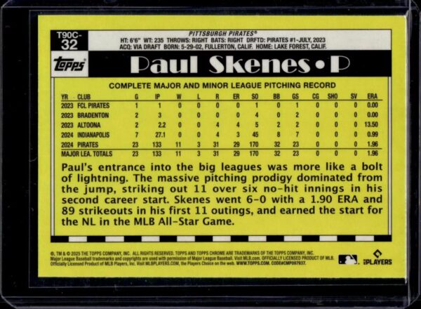 Paul Skenes ***2025 Topps Silver Pack Green 1990 /99 Pittsburgh Pirates T90C-32 - Image 2