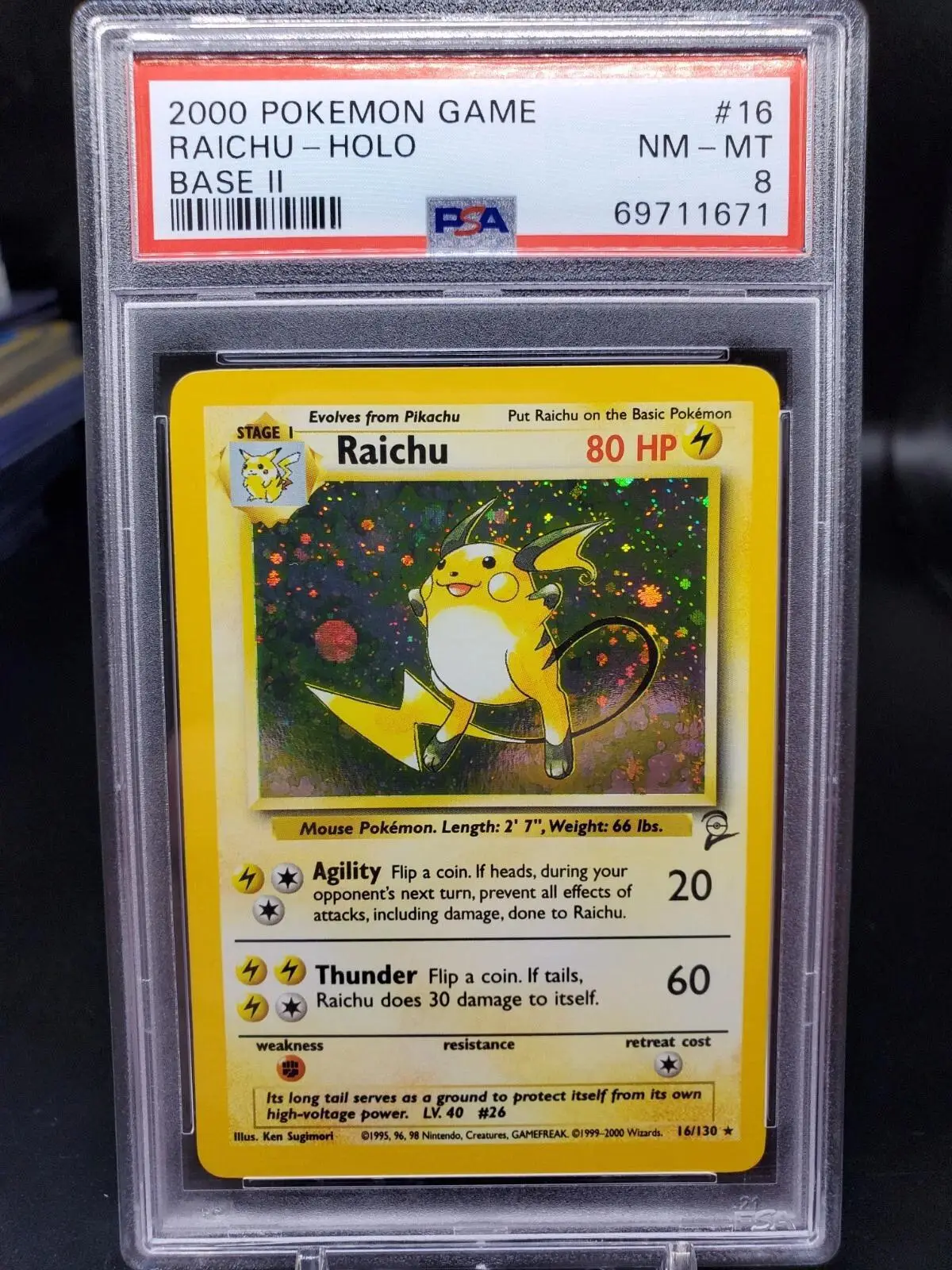 Raichu Holo Pokemon Base Set 2 16/130 PSA 8