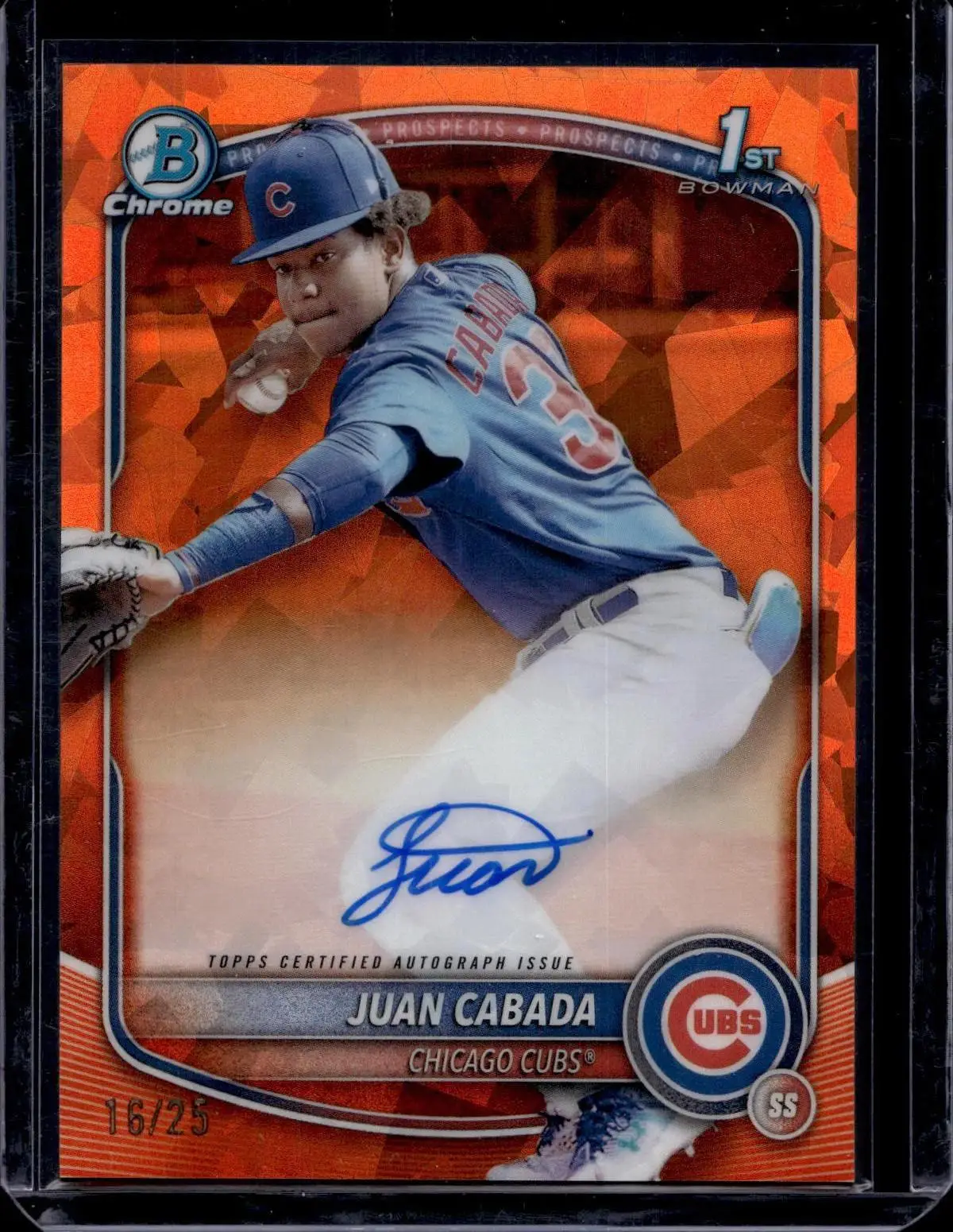 Juan Cabada 2025 Bowman Chrome Sapphire Orange 1st Auto /25 Chicago Cubs CPSA-JC