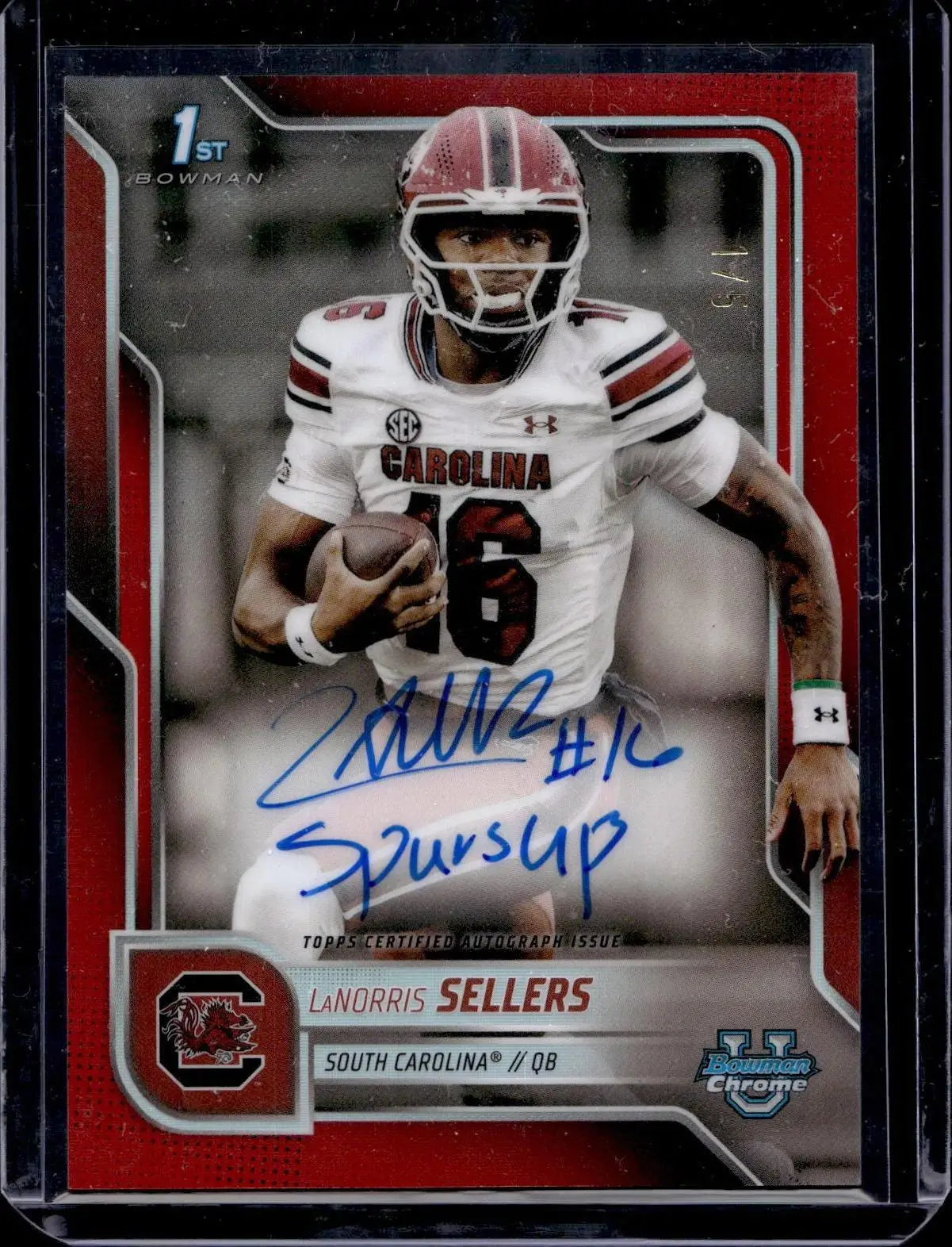 LaNorris Sellers 2025 Bowman U Chrome 1st Red Refractor Auto /5 South Carolina Gamecocks BCA-LNS