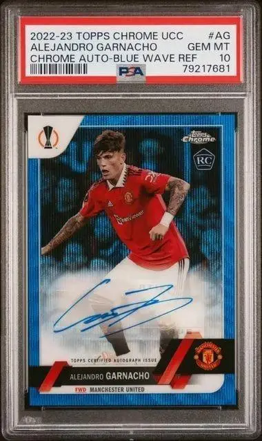 Alejandro Garnacho 2022-23 Topps Chrome UCC Blue Wave Auto /75 RC Manchester United CA-AG PSA 10