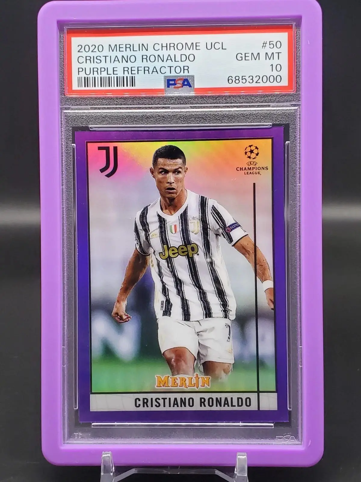 Cristiano Ronaldo 2020 Topps Merlin Chrome UCL Purple /299 Juventus PSA 10