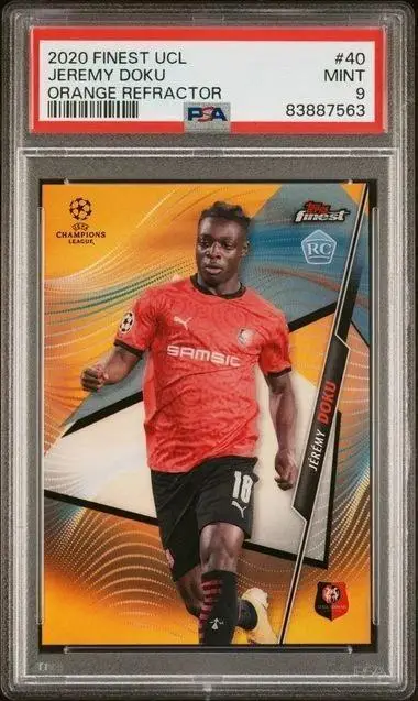 Jeremy Doku 2020-21 Topps Finest UCL Orange Refractor /25 RC Stade Rennais 40 PSA 9