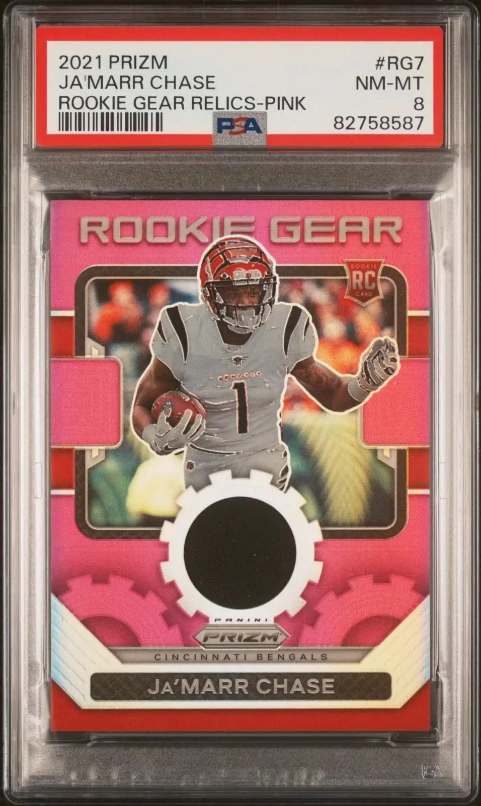 Ja'Marr Chase 2021 Prizm Pink Relic Cincinnati Bengals #RG7 PSA 8