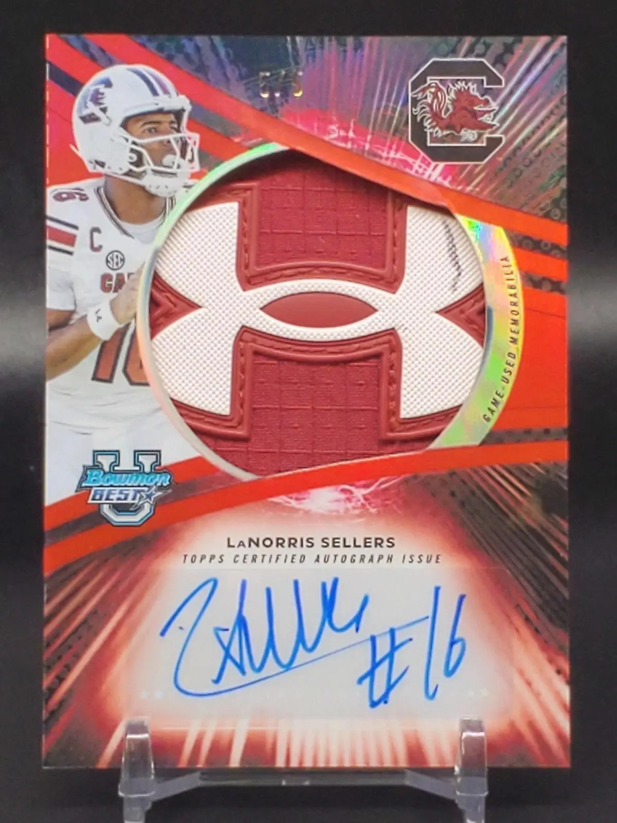 LaNorris Sellers 2025 Bowman U Best Red Jumbo Patch Auto 5/5 Gamecocks JRA-LS