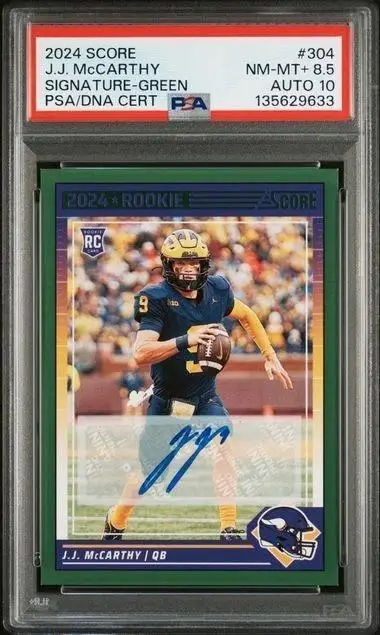 JJ McCarthy 2024 Panini Score Green Auto RC Minnesota Vikings 304 PSA 8.5