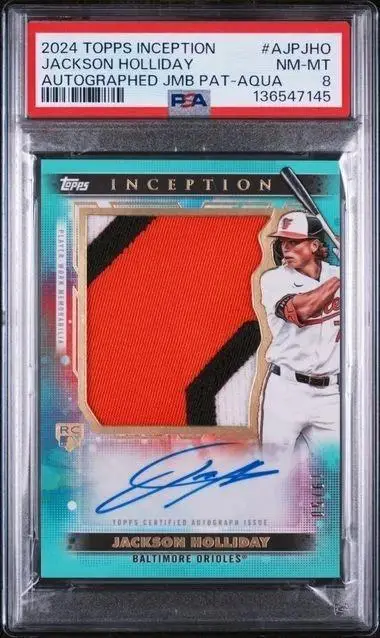 Jackson Holliday 2024 Topps Inception Aqua Patch Auto /50 RC Orioles PSA 8