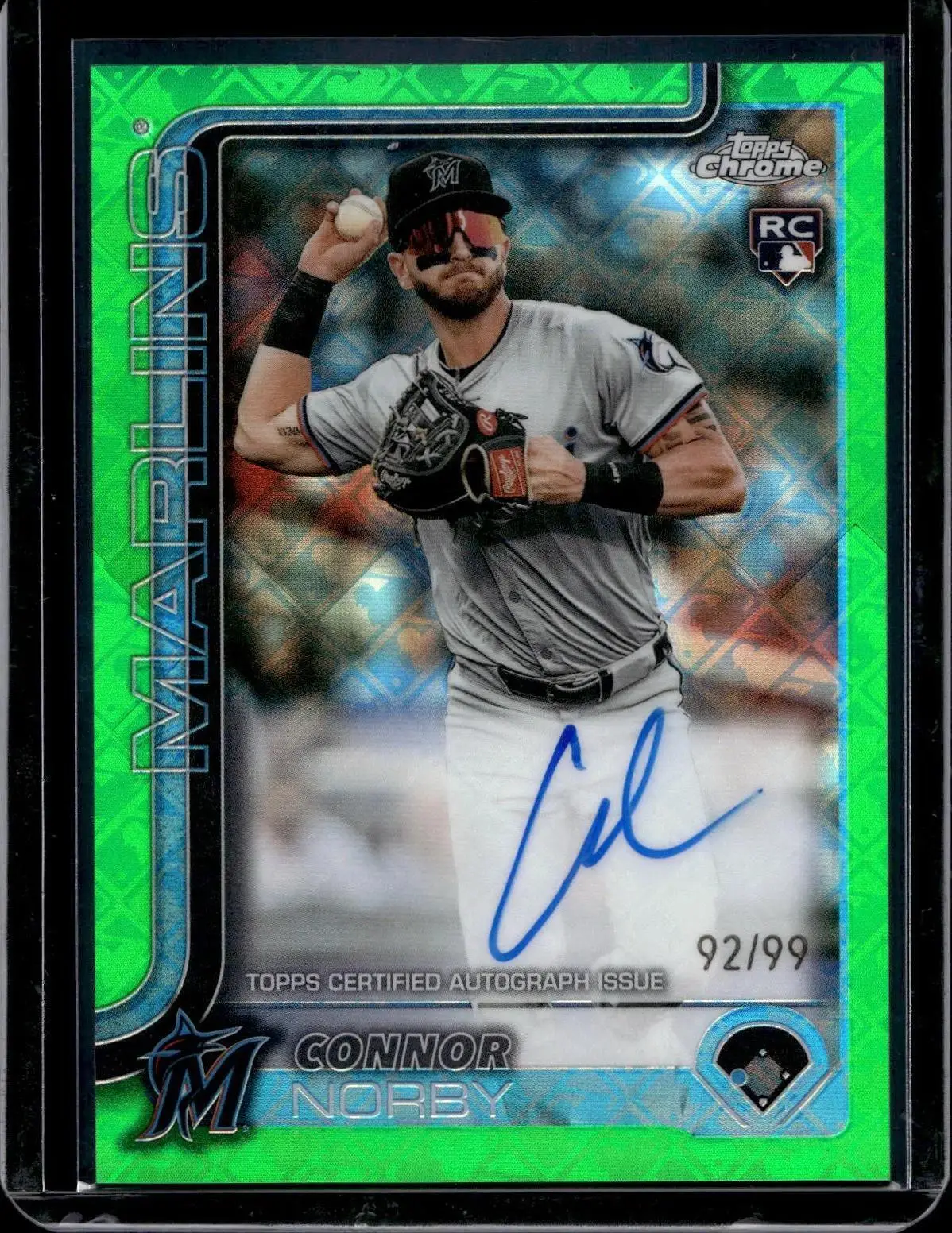 Connor Norby 2025 Topps Chrome Logofractor Rookie Green Auto /99 Marlins RA-CN