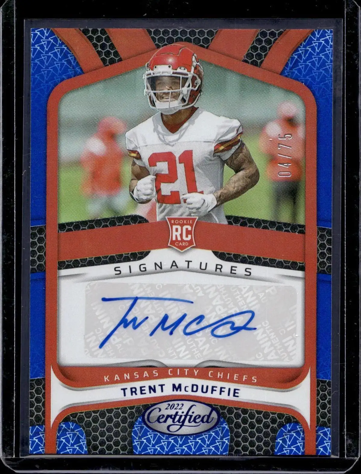 Trent McDuffie 2022 Panini Certified RC Blue Auto /75 Kansas City Chiefs RS-TM