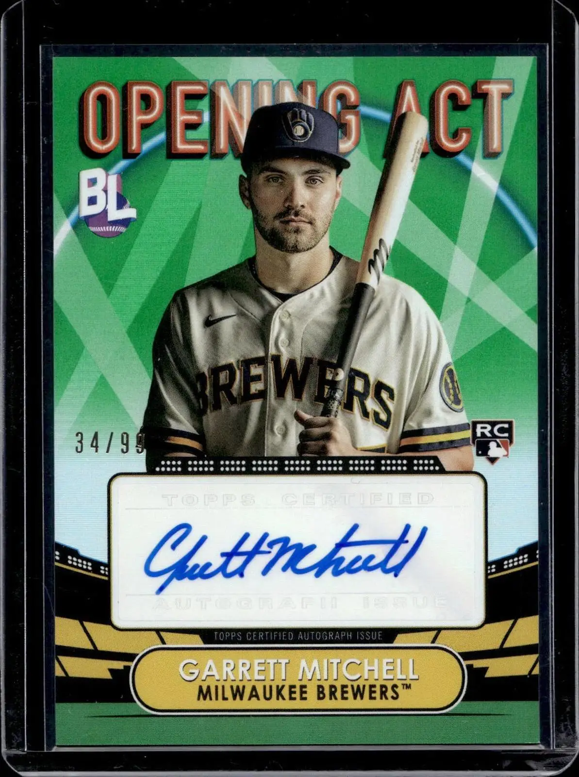 Garrett Mitchell 2023 Topps Big League Opening Act Green Foil Auto /99 Brewers