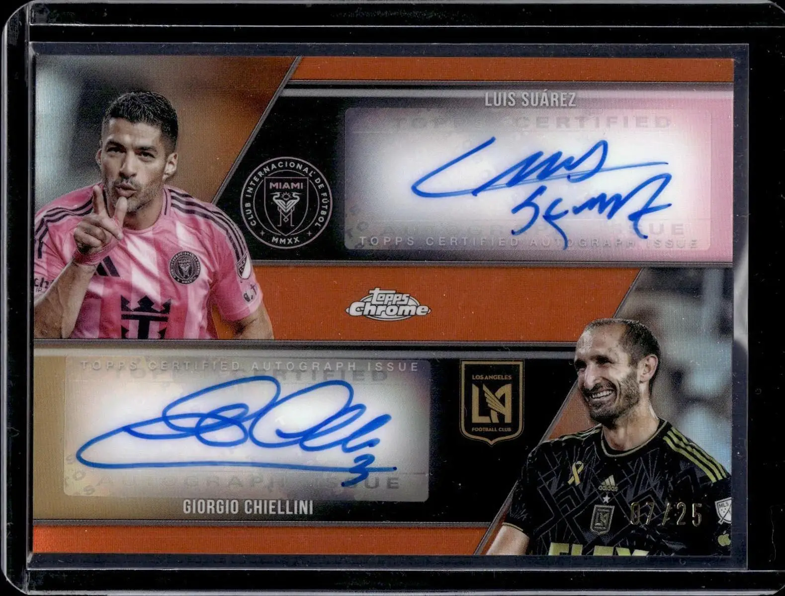 Luis Suarez 2025 Topps Chrome MLS Giorgio Chiellini Dual Orange Auto /25 DA-SC