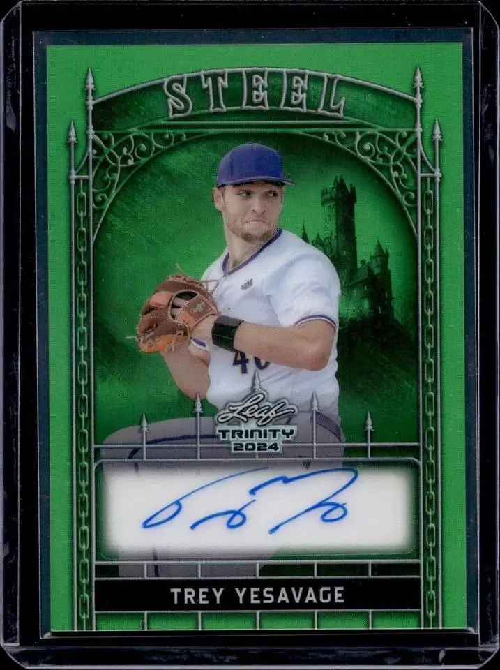 Trey Yesavage 2024 Leaf Trinity Steel Prismatic Green Auto /7 Blue Jays S-TY1