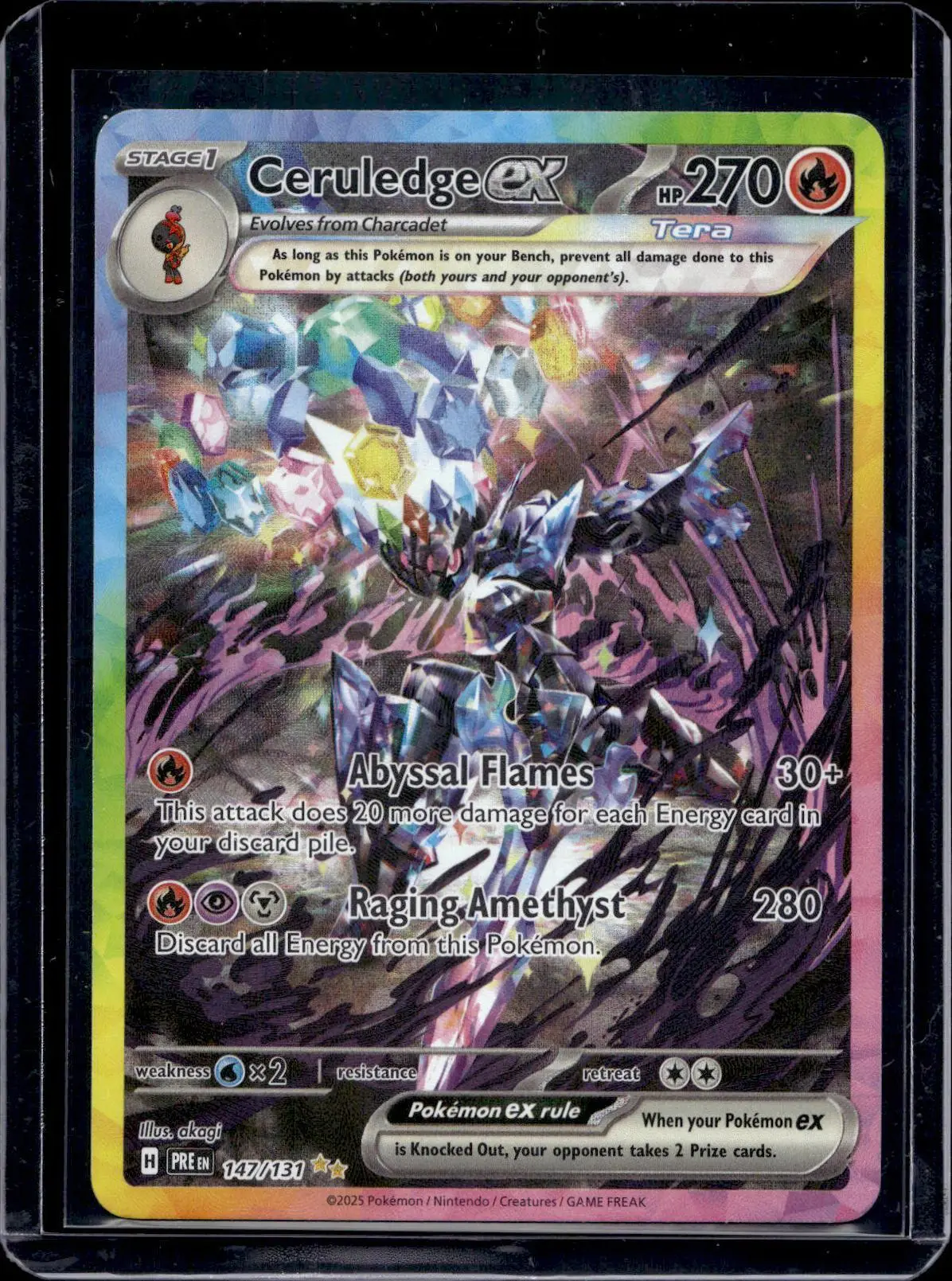 ceruledge ex pokemon card SIR Prismatic Evolutions #147 PSA 9 proof acrylic case and featuring a striking image of the captivating character Ceruledge ex 036/191 - Surging