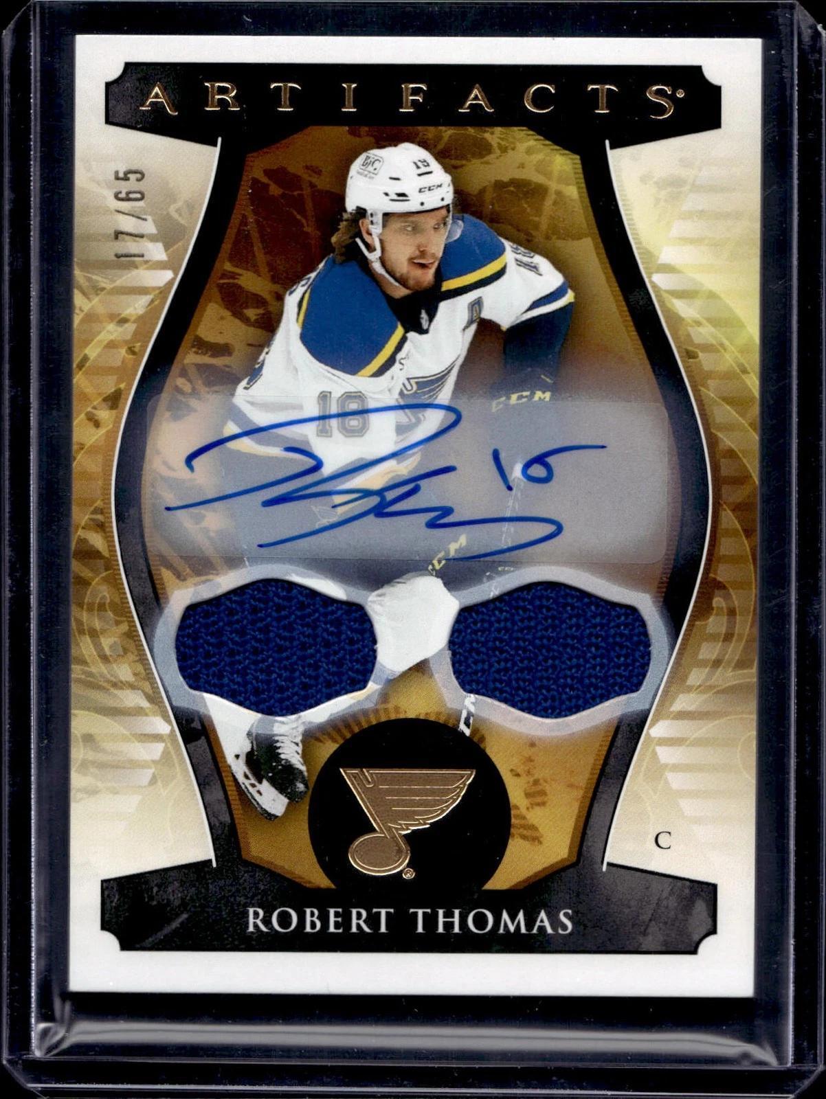 Robert Thomas 2023-24 Upper Deck Artifacts Material Gold Auto /65 Blues 119