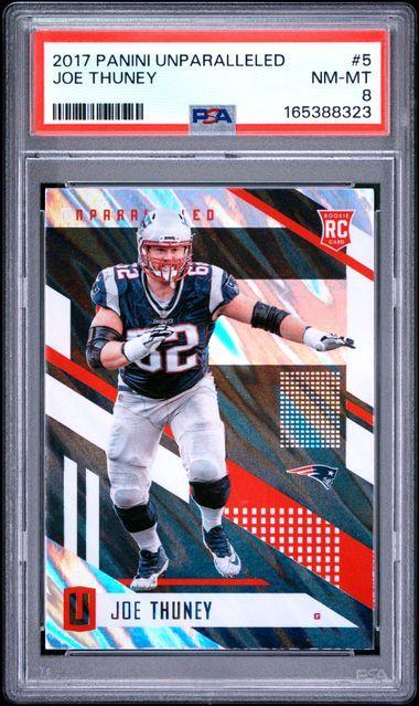 Joe Thuney 2017 Panini Unparalleled Mega Moon Lava RC Patriots 5 PSA 8